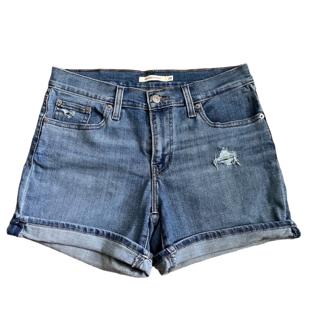 Levi’s Mid Length Cuffed Denim Shorts Size 28 Mid Wash Mid Rise Distressed